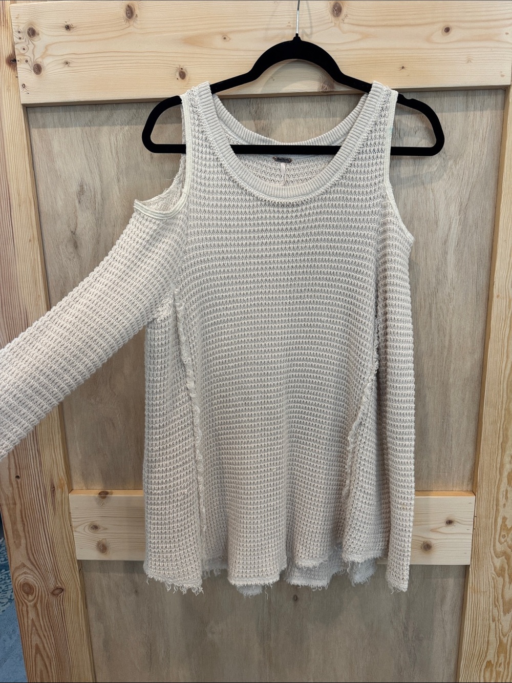Free People Cream Waffle Knit Open Shoulder Long Sleeve Shirt - Picture 2 of 9